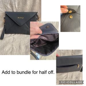 MEI&ge envelope Grey clutch purse. Vegan. Multi zippered comps. EUC. Wrist strap